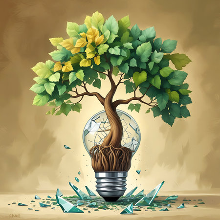 A tree with prominent roots emerges from the base of a broken light bulb, its branches adorned with green and yellow leaves. The glass of the light bulb is significantly cracked, and numerous sharp fragments of glass are scattered around the base on a textured, earthy surface.の素材