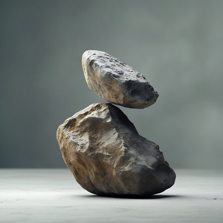 Two rough, textured stones are carefully balanced, with one resting on top of the other. The lower stone is larger and more rounded, while the upper stone is smaller and more angular. They are positioned on a smooth, light-colored surface, casting shadows and creating a sense of calm and equilibrium against a muted grey background.の素材