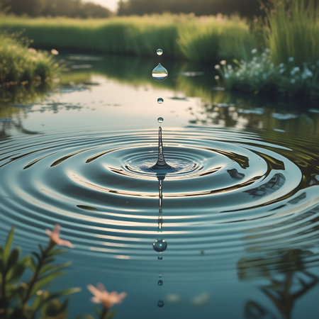 A single water droplet falls into a calm pond, creating perfect, concentric ripples on the water's surface. The droplet is captured at the moment of impact, with smaller droplets trailing behind. The surrounding pond is bordered by lush green grass and reeds, with soft sunlight illuminating the scene. The reflection of the sky and vegetation is visible on the water, creating a sense of depth and tranquility.の素材