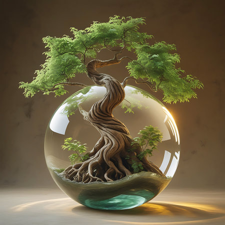 A detailed view of a twisted bonsai tree with its intricate root system exposed, all contained within a transparent glass sphere. The tree's lush green foliage is vibrant, and the textured bark of the trunk is clearly visible. The sphere contains a small amount of water and earth, creating a self-contained miniature world. Sunlight creates a warm glow and reflections on the glass.の素材
