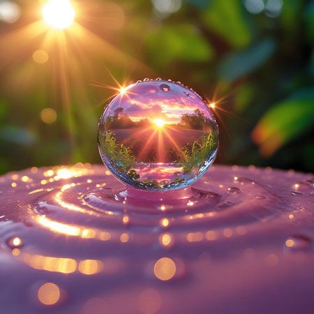 A single water droplet sits atop a pink, textured surface, forming concentric ripples around its base. The droplet acts as a lens, perfectly reflecting a vivid sunset scene with a bright sunburst and colorful sky. The surrounding area is softly blurred with bokeh lights, and hints of green foliage are visible in the background, creating a magical and serene atmosphere.の素材