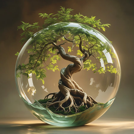 A meticulously shaped bonsai tree with a gnarled, twisted trunk and prominent exposed roots is enclosed within a perfectly clear glass sphere. The tree's vibrant green leaves contrast with the earthy tones of the soil and moss at its base. A small amount of water is visible, reflecting the light. The sphere sits on a surface, casting subtle shadows and highlights.の素材