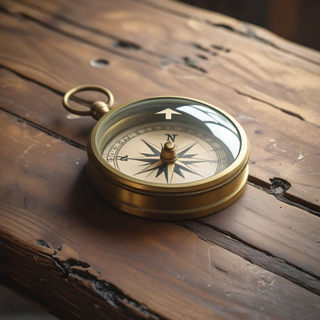 A vintage brass compass with a glass cover rests on a textured wooden surface. The compass dial is visible, showing directional markings and a prominent needle. An arrow symbol is reflected on the glass, indicating direction. The wood grain provides a rustic backdrop for the navigational tool.の素材