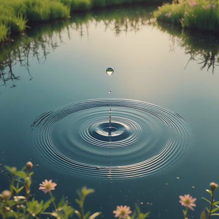 A close-up view of a water droplet impacting a serene pond, generating distinct concentric ripples. The droplet is frozen in motion, with a few smaller drops following. The water's surface reflects the sky and the surrounding greenery, which includes tall grasses and delicate pink flowers in the foreground. The lighting suggests a soft, natural glow, enhancing the peaceful and tranquil atmosphere.の素材