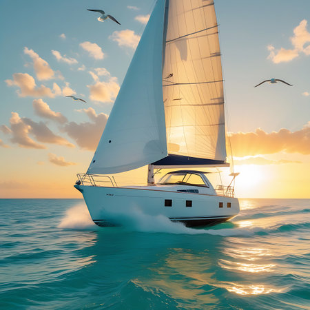 A white sailboat with full sails cuts through vibrant turquoise ocean water, creating a spray of foam. The sun is setting or rising, casting a warm golden glow across the sky filled with fluffy clouds. Several seagulls fly around the boat, adding to the serene and adventurous atmosphere of a perfect day at sea.の素材