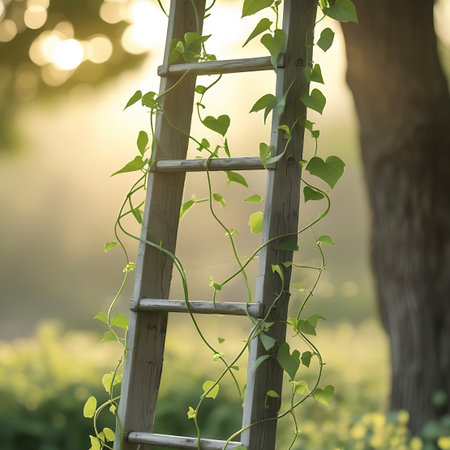 A weathered wooden ladder, covered in lush green vines, stands outdoors in the soft, golden light of the late afternoon sun. The background is a blur of greenery and light, with the textured trunk of a large tree visible to the right. The image captures a serene and overgrown garden atmosphere.の素材