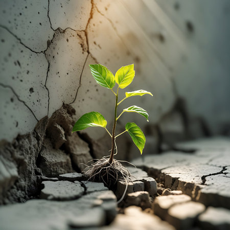 A small, vibrant green plant with visible roots pushes its way through a deep crack in rough, grey concrete. Sunlight streams from the upper left, illuminating the delicate leaves and casting soft shadows. The cracked surface and the determined sprout create a powerful visual metaphor for life and resilience.の素材
