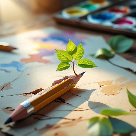 A yellow pencil with a silver ferrule has a small green plant with leaves growing from its tip. It lies on a sheet of art paper with faint watercolor marks. A watercolor paint palette and other pencils are blurred in the background, illuminated by soft sunlight.の素材