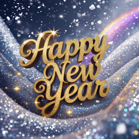 Three-dimensional golden letters spell out "Happy New Year" and rest upon a luxurious, shimmering fabric with a textured, iridescent surface. The background features falling snow and a subtle rainbow-like arc of light, creating a magical and wintry New Year's scene with sparkling highlights.の素材