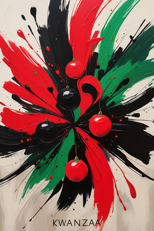An abstract artwork representing a Kwanzaa celebration features a dynamic explosion of splattered paint and bold brush strokes in red, green, and black. Several round, glossy ornaments in red and black are suspended within the colorful burst, appearing to be hanging from unseen threads. The paint is applied thickly, creating a textured, energetic effect. The word "KWANZAA" is subtly placed at the bottom of the image. The background is a light, textured surface.の素材