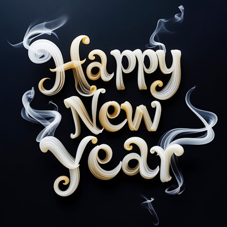 Three-dimensional golden lettering spells out "Happy New Year" against a dark, black background. Swirling tendrils of white smoke or mist elegantly frame the text, adding a dynamic and ethereal quality to the festive greeting. The golden letters have a glossy finish, reflecting light and appearing to glow.の素材