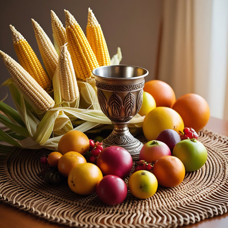 A still life composition showcasing ears of corn and a variety of fresh fruits such as apples, oranges, plums, and berries, arranged around an ornate silver goblet. The display rests on a woven placemat on a wooden table, symbolizing a rich autumn harvest.の素材