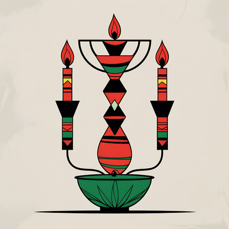 This is an abstract illustration of a Kwanzaa kinara, a candelabra, featuring three lit candles. The central candle is red, flanked by two green candles, all with yellow flames. The kinara has a unique, geometric design with a central pillar and arms extending outwards. The base is a green bowl with radiating lines. The colors used are red, green, and black, with geometric patterns and shapes defining the structure. The illustration is set against a neutral, textured background.の素材
