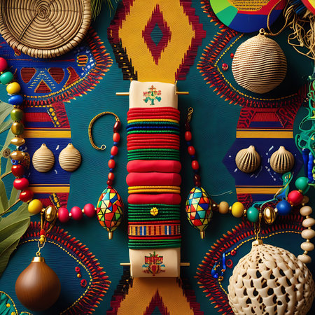 An artistic flat lay arrangement features a variety of African cultural artifacts and jewelry. A central stack of colorful bracelets is surrounded by beaded necklaces, woven baskets, and decorative ornaments. Seashells and wooden elements add natural texture, all set against a backdrop of richly patterned fabric. The composition highlights traditional craftsmanship and ethnic design.の素材