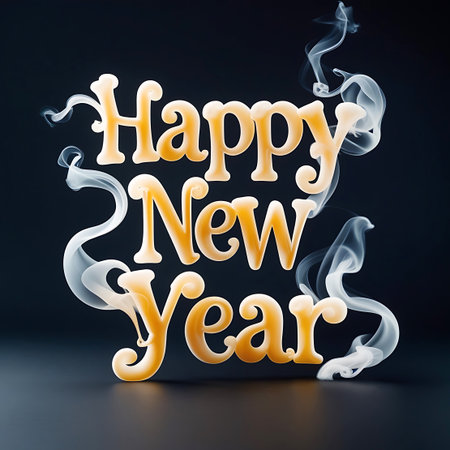 This image features three-dimensional golden lettering that reads "Happy New Year". The text is set against a dark, subtly gradient background that transitions from black to a deep blue. White, wispy smoke or mist curls around the letters, creating a sense of movement and celebration. The golden text has a polished, reflective surface.の素材