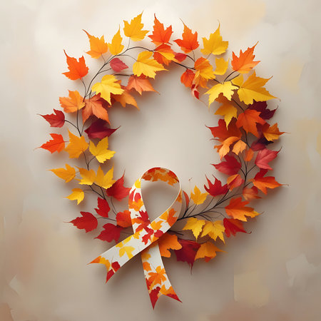 A circular wreath is crafted from autumn maple leaves in shades of red, orange, and yellow. A white ribbon, also decorated with small fall leaves in matching colors, is tied into a bow at the bottom of the wreath. The arrangement is set against a soft, textured, light-colored background, suggesting a seasonal or awareness-themed decoration.の素材