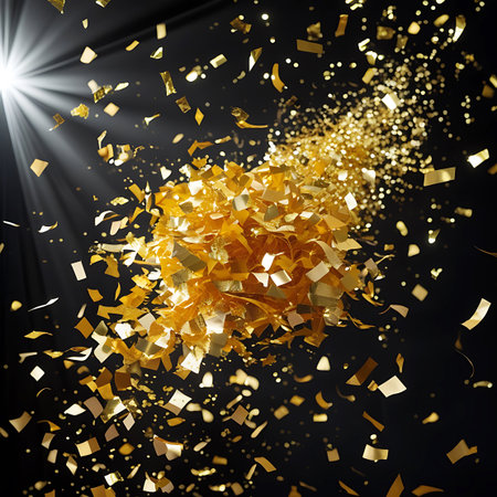A bright beam of light illuminates a vibrant explosion of golden confetti and streamers against a dark background. The metallic gold pieces are scattered and falling, creating a sense of motion and celebration. The light source adds a dramatic and festive element, highlighting the shiny surfaces of the confetti.の素材