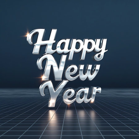 Three-dimensional silver lettering spelling "Happy New Year" is centered against a dark blue gradient background. The text has a glossy, metallic sheen with bright highlights and subtle sparkles. It rests on a reflective, dark grid floor that mirrors the text and lights.の素材