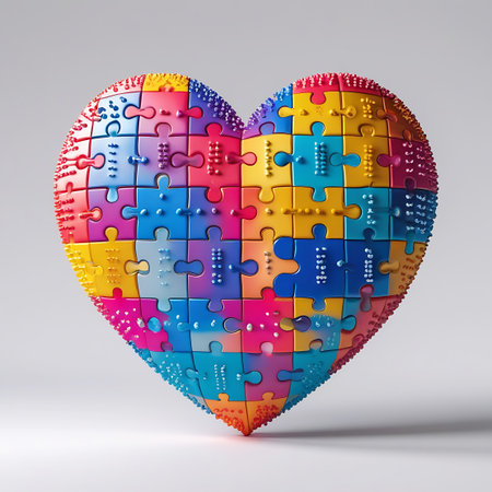 A three-dimensional heart shape is constructed entirely from interlocking puzzle pieces. The pieces are a vibrant array of colors including red, blue, yellow, pink, purple, and orange. Many of the puzzle pieces feature raised dots, resembling braille, adding a tactile and inclusive element to the design. The heart is presented against a clean white background, highlighting its intricate construction and symbolic meaning.の素材