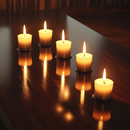 Five small, lit votive candles stand in dark holders on a dark, highly polished wooden surface. The warm glow of the flames is reflected on the table, creating a serene and inviting atmosphere. The background is softly blurred, drawing attention to the candles.の素材