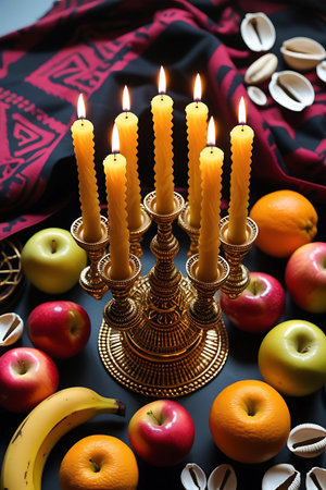A close-up view of a golden, ornate candlestick holding several lit yellow beeswax candles. The candlestick is placed on a dark surface, surrounded by a variety of fresh fruits such as red and green apples, oranges, and a banana. Several cowrie shells are scattered around the fruits and candlestick. A dark fabric with a red and black pattern serves as the background, adding a rich texture to the scene. The warm light from the candles creates a cozy and inviting atmosphere.の素材