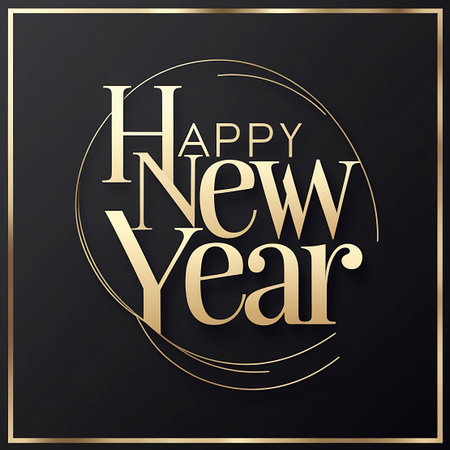 This image features the words "Happy New Year" in a luxurious golden metallic font. The text is arranged within a circular frame composed of thin golden lines that create a sense of elegance and sophistication. The background is a deep, solid black, which makes the golden lettering stand out prominently. The overall design is clean, modern, and festive, suitable for New Year's greetings and celebrations.の素材