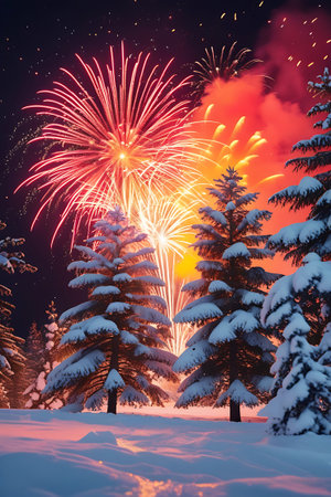 A vibrant display of fireworks illuminates the night sky with bursts of red, orange, and yellow light. In the foreground, snow-covered pine trees stand tall, their branches laden with fresh snow. The ground is also covered in a thick blanket of white snow, reflecting the colorful lights from above. The scene evokes a sense of festive celebration and winter wonder.の素材