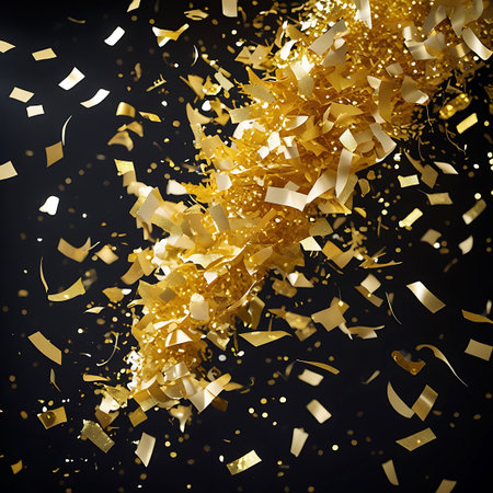 A dynamic explosion of golden confetti and streamers bursts across a dark background. The metallic gold pieces are scattered and falling, creating a sense of motion and celebration. The lighting highlights the shiny surfaces of the confetti, adding a festive and luxurious feel to the composition.の素材