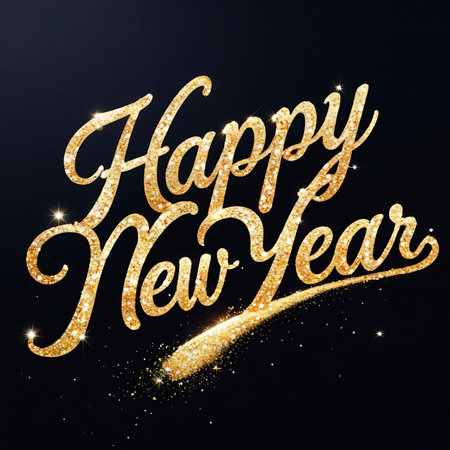 Elegant golden script lettering spells out "Happy New Year" against a dark, black background. The text is heavily embellished with sparkling glitter and features a dynamic shooting star effect with trails of golden dust and light particles. Small, scattered star-like glints add to the festive and celebratory atmosphere.の素材