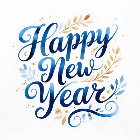 The phrase "Happy New Year" is rendered in a vibrant blue watercolor calligraphy with a rich, flowing script. Accompanying the lettering are delicate gold leaf accents, including small leaves and swirling lines, as well as subtle blue leaf elements and tiny golden flower details. The artwork has a painterly quality with visible brush strokes and a light scattering of gold and blue speckles. The design is presented on a plain white background.の素材