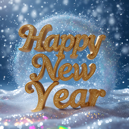 Three-dimensional golden letters spell out "Happy New Year" against a soft blue background. The text is covered in fine glitter, catching the light. Snowflakes are falling, and a swirling mist of glitter surrounds the words. Out-of-focus bokeh lights in various colors add a festive and celebratory atmosphere to the scene.の素材