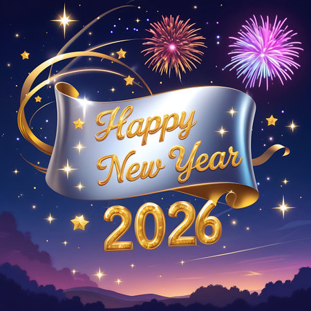 The image features a prominent silver ribbon banner with golden text that reads "Happy New Year 2026". The dark blue night sky is illuminated by colorful fireworks in pink and purple, and scattered golden stars with light trails. A silhouetted landscape of trees and hills is visible at the bottom, bathed in a soft, warm glow.の素材