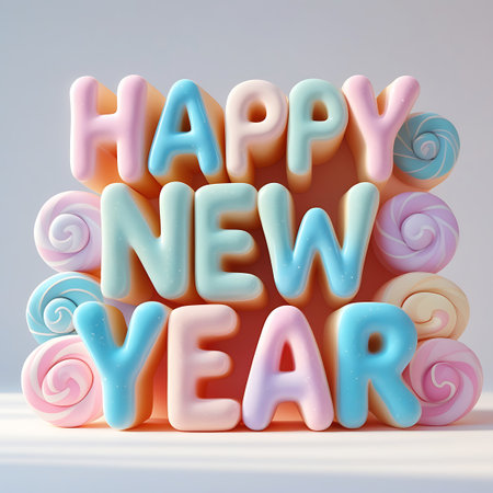 The words "HAPPY NEW YEAR" are formed by three-dimensional, pastel-colored candy letters in shades of pink, blue, and yellow. These letters are set against a backdrop of large, pastel swirl lollipops in pink, blue, and cream, creating a vibrant and sweet confectionery display for a New Year's celebration.の素材
