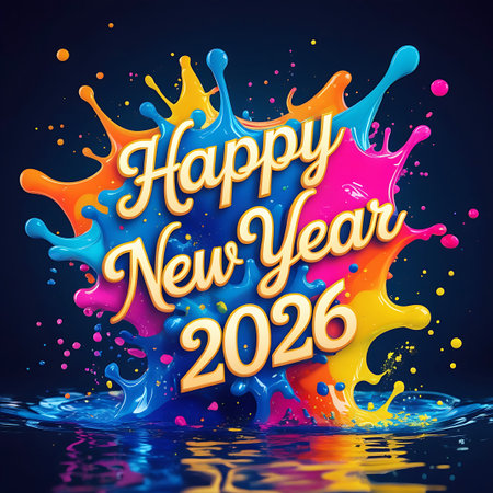 This festive image announces "Happy New Year 2026" with a dynamic explosion of colorful paint splashes. The text, in a golden 3D font, is set against a dark blue backdrop. Below the splashes, a reflective surface mimics water, showing ripples and mirroring the vibrant colors of orange, yellow, blue, and pink paint, enhancing the celebratory and dynamic feel of the New Year greeting.の素材