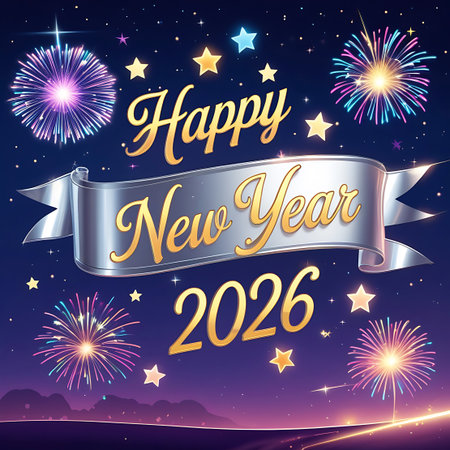 A vibrant illustration depicts a "Happy New Year 2026" celebration with a silver ribbon banner displaying the text. The background is a dark night sky filled with numerous stars and colorful fireworks exploding in shades of purple, pink, blue, and orange. Below the sky, a silhouetted mountain range is visible against a soft gradient of purple and pink light.の素材