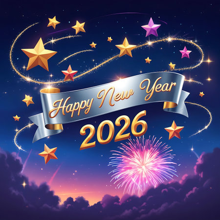 A celebratory scene for "Happy New Year 2026" is presented with a silver ribbon banner featuring the greeting. The dark night sky is filled with golden and pink stars, some with sparkling trails, and a prominent pink and white firework explosion. The lower part of the image shows stylized clouds in shades of purple and pink, suggesting a twilight or dawn setting.の素材