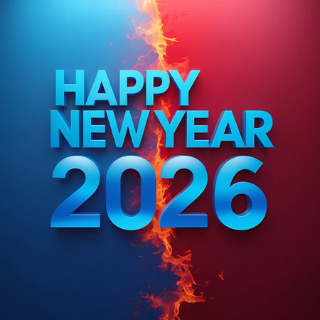 Bold blue 3D letters spell out "HAPPY NEW YEAR" above the year "2026" in blue, with the number "6" highlighted in red. The background is a striking abstract composition of deep blue on the left and red on the right, divided by a fiery, energetic element that resembles flames. This creates a dynamic and visually engaging New Year's greeting.の素材