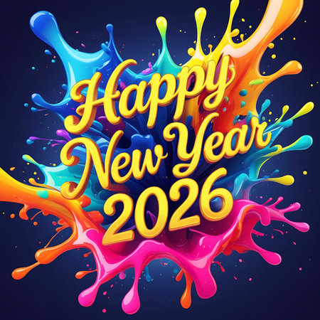 The graphic displays "Happy New Year 2026" in a prominent golden 3D font, set against a dark blue background. The text is surrounded by a lively explosion of colorful paint splatters in shades of orange, yellow, blue, and pink. The dynamic and abstract nature of the paint splashes creates a visually engaging and festive announcement for the New Year.の素材