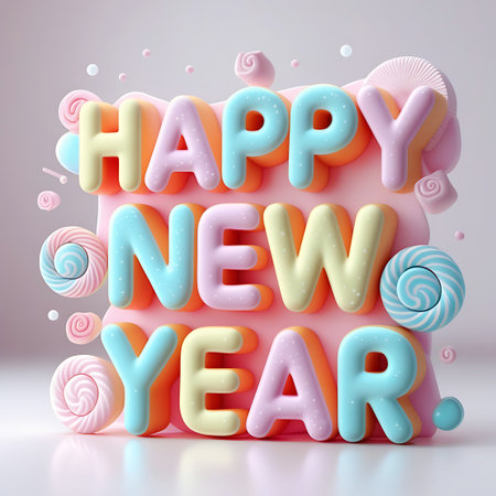 Three-dimensional letters spelling "HAPPY NEW YEAR" in pastel shades of blue, yellow, and pink are arranged on a pink base. The letters have an orange outline. Swirl lollipops and small round candies in pastel colors are scattered around the text and the base, creating a playful and sweet confectionery theme for a New Year's greeting.の素材