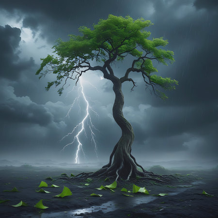 A solitary, gnarled tree with vibrant green leaves stands defiantly amidst a fierce thunderstorm. Jagged bolts of lightning illuminate the dark, dramatic sky filled with heavy, swirling clouds. Rain is visible falling, and fallen leaves are scattered on the damp ground, highlighting the raw power and intensity of nature's fury. The exposed roots of the tree anchor it firmly, symbolizing resilience against the elements.の素材
