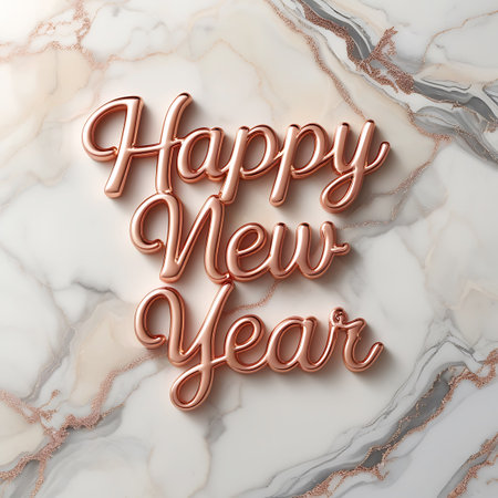 A 3D rendering of "Happy New Year" in a flowing rose gold script is presented on a white marble surface. The metallic text has a subtle sheen and casts a gentle shadow. The background features natural grey veining and streaks of rose gold, creating a luxurious and festive visual.の素材