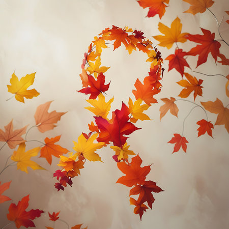 A prominent awareness ribbon shape is created from a dense arrangement of autumn maple leaves in vibrant reds, oranges, and yellows. The leaves are attached to delicate stems, forming the iconic ribbon silhouette. The composition is set against a softly lit, textured background, with additional scattered autumn leaves and branches appearing in the foreground and background, adding depth and a sense of natural abundance.の素材