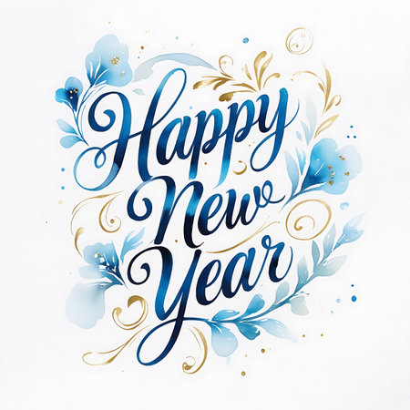 "Happy New Year" is presented in a beautiful blue watercolor calligraphy. The lettering is adorned with a combination of delicate blue watercolor flowers and leaves, along with elegant gold swirls and small golden dots. The artistic style features soft edges and subtle color variations characteristic of watercolor painting. The composition is centered on a white background, emphasizing the festive and decorative nature of the greeting.の素材