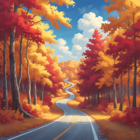 A winding asphalt road with yellow and white lines meanders through a forest ablaze with autumn colors. Trees on either side display a rich palette of red, orange, and yellow leaves. The bright blue sky is dotted with white clouds, and sunlight illuminates the scene, highlighting the vibrant foliage and the path ahead.の素材