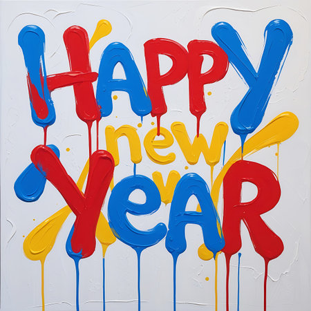White showing happy new year colorful drip paint text on white background. High resolution image suitable for commercial use. Clear details and vibrant colors enhance visual appeal.の素材