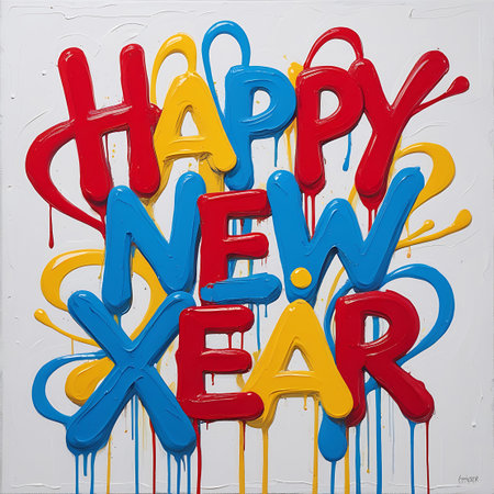 White showing happy new year bold colorful drip paint text on white background. High resolution image suitable for commercial use. Clear details and vibrant colors enhance visual appeal.の素材