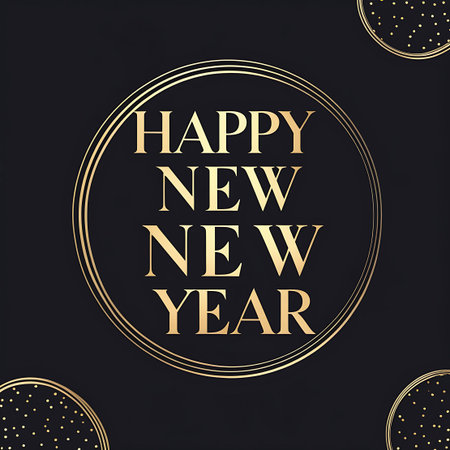 The central focus of this image is the phrase "Happy New Year" rendered in a rich golden metallic font. The text is enclosed within a golden circular frame. The background is a dark, textured surface. In the corners of the image, there are decorative circular elements filled with small golden dots, resembling confetti or a subtle pattern, adding a touch of festivity.の素材