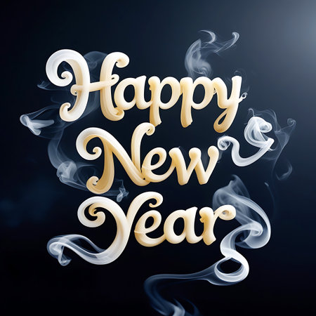The words "Happy New Year" are presented in a flowing, elegant golden-yellow script font. The text appears to be emerging from or surrounded by soft, translucent wisps of white smoke or vapor. The smoke swirls and curls around the letters, creating an ethereal and artistic effect. The background is a dark, solid color, which makes the illuminated text and the delicate smoke stand out prominently. The overall composition evokes a sense of gentle transition and a fresh beginning.の素材