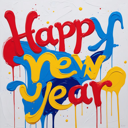 White showing happy new year artistic drip paint text on white background. High resolution image suitable for commercial use. Clear details and vibrant colors enhance visual appeal.の素材