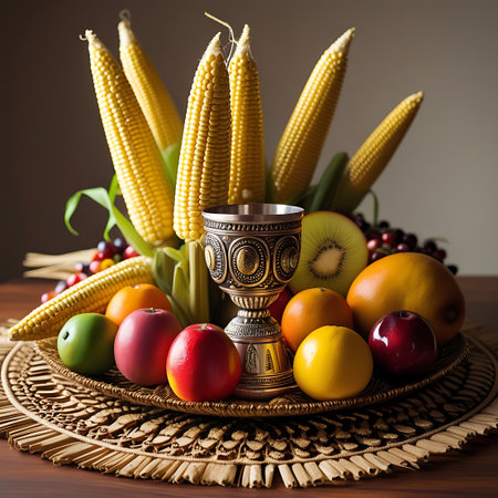 A still life arrangement featuring ears of corn, assorted fruits including apples, oranges, a melon, kiwi, and grapes, all centered around an ornate metallic goblet. The bounty is displayed on a woven placemat atop a wooden surface, evoking a sense of harvest and abundance.の素材